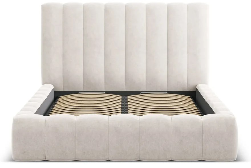 Kremowe tapicerowane łóżko dwuosobowe ze schowkiem i stelażem 200x200 cm Kelp – Micadoni Home