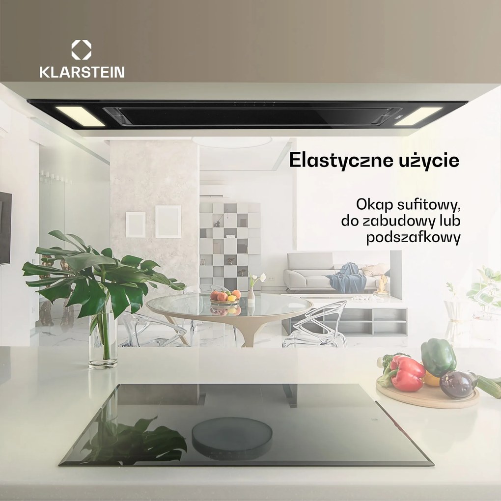 Klarstein Remy 90cm 630m³/h Okap Sufitowy Czarny