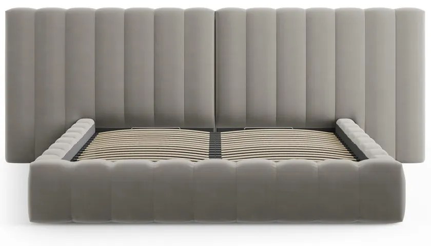 Szare tapicerowane łóżko dwuosobowe ze schowkiem i stelażem 180x200 cm Gina – Milo Casa