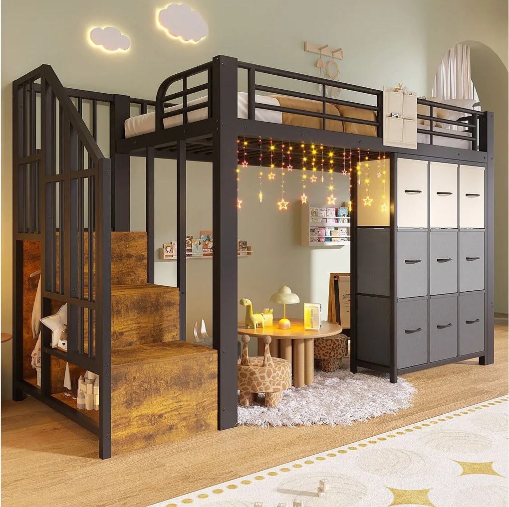 Łóżko piętrowe metalowe - 90 x 200 cm - z komodą 9-szufladową + szafą + schodami z miejscem do przechowywania - czarne