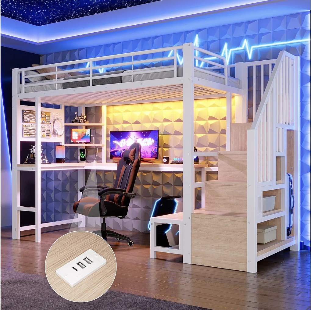 Łóżko piętrowe 90 x 200 cm z biurkiem, ścianką perforowaną, półkami, oświetleniem LED i portami USB/USB-C - Metal + MDF - Białe (Materac nie jest wliczony w cenę)