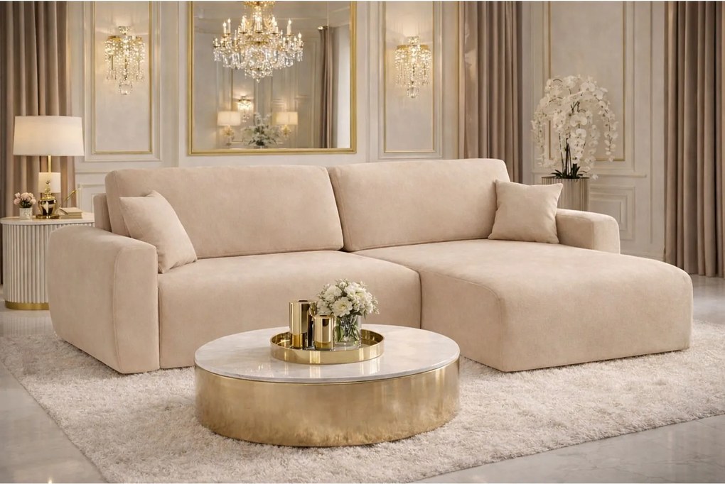 Narożnik z funkcją spania i pojemnikiem Ariel L, tkanina welurowa Salvador, Beżowy, Prawy