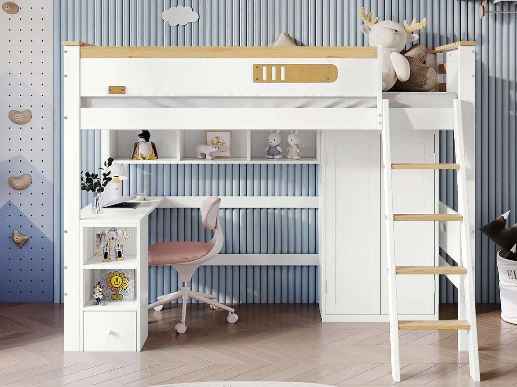 Łóżko mezzanine z drewna - 90x200 cm - z półkami, biurkiem i szafą - Białe