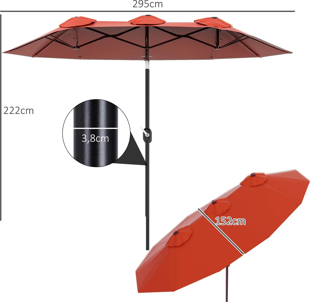 Outsunny Parasol przeciwsłoneczny, parasol ogrodowy, nachylany, z korbą ręczną, otwory wentylacyjne, poliester + stal, czerwone wino, 295 x 152 cm | Aosom PL