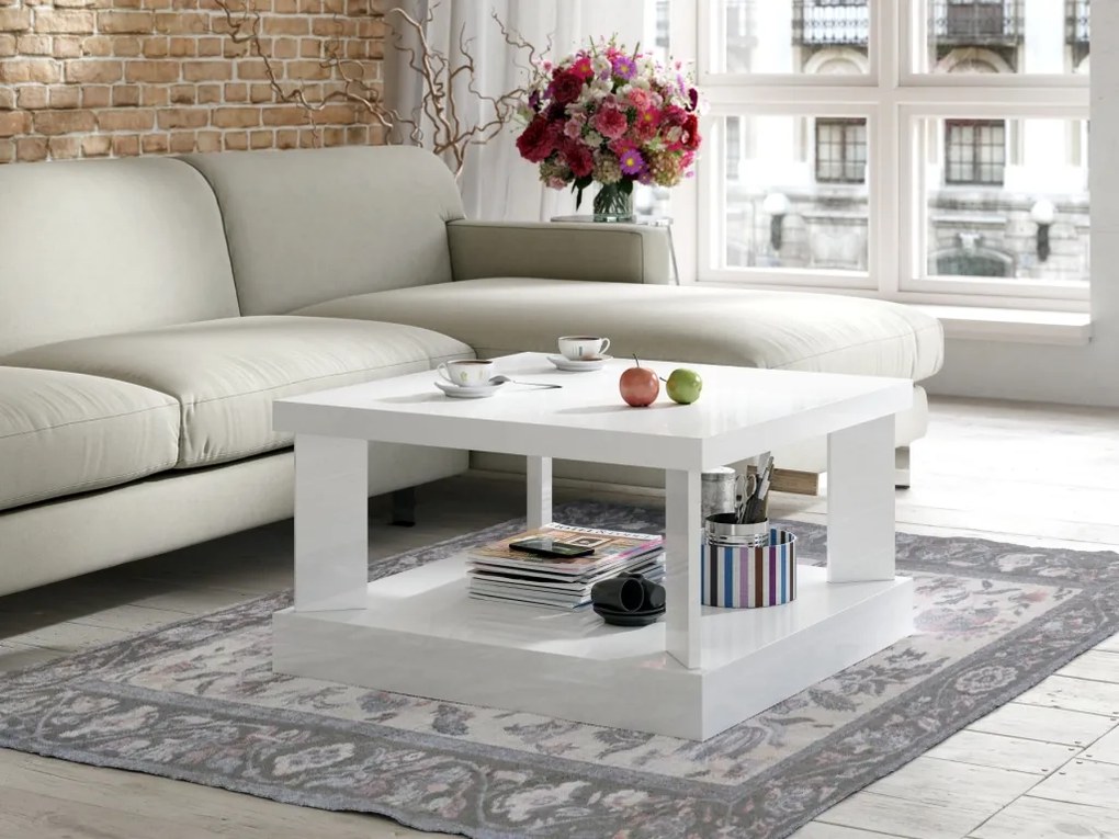 Kwadratowy stolik do salonu w połysku Domino 80x80 biały