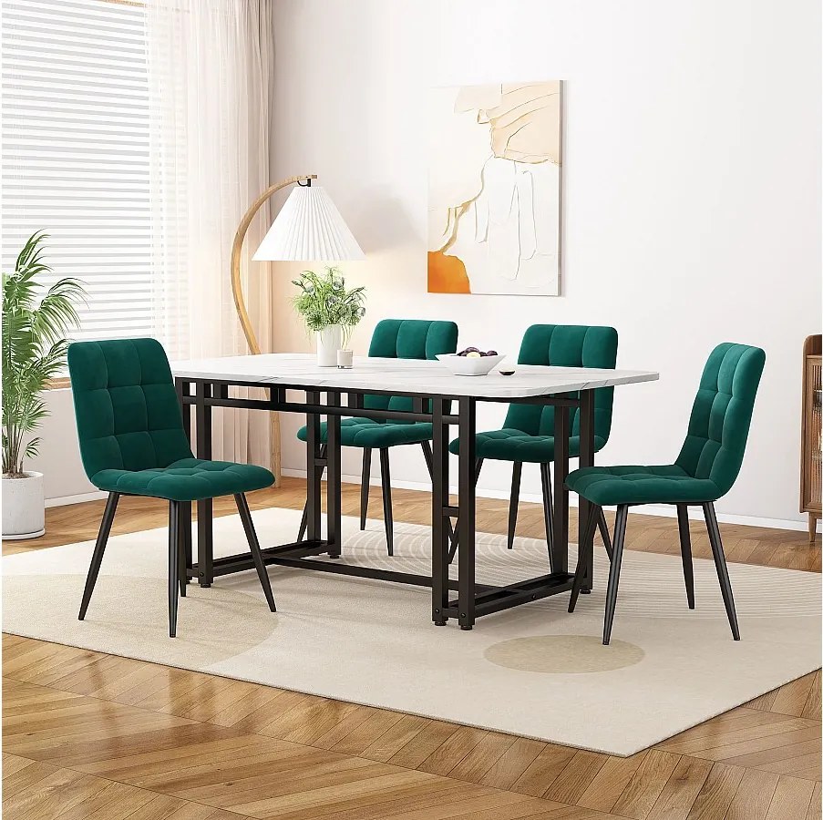 Zestaw stół i krzesła 120 x 70 cm - czarne nogi i biały blat - z 4 ciemnozielonymi aksamitnymi krzesłami