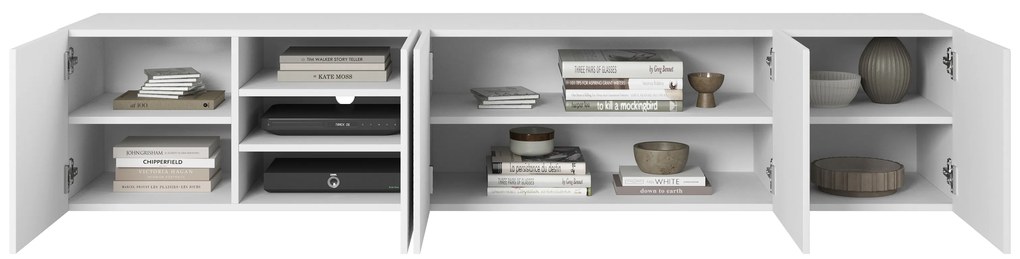 Szafka RTV Asha 200 cm wisząca z ryflowanym frontem - biały mat