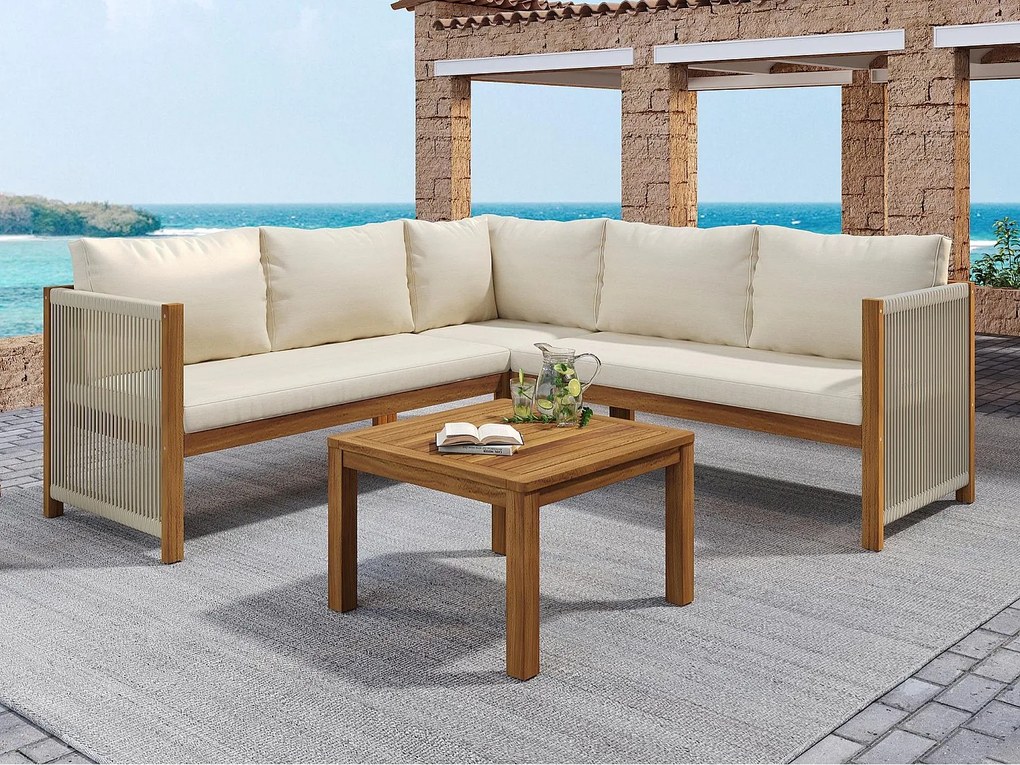 Zestaw salonu ogrodowego 5 osób, kanapa narożna + stolik kawowy, konstrukcja z akacji, z plecionego sznurka, beżowy