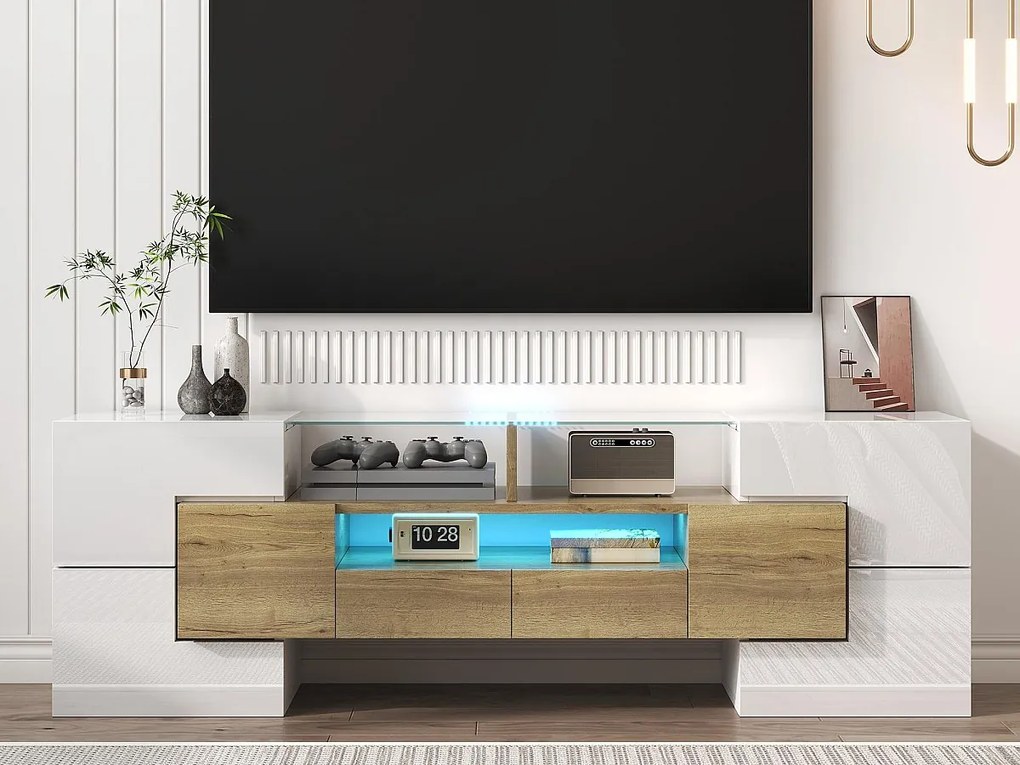 Meble TV 145x30x51 cm - z oświetleniem LED - z 4 drzwiami - 2 szufladami - półkami - biały+naturalny
