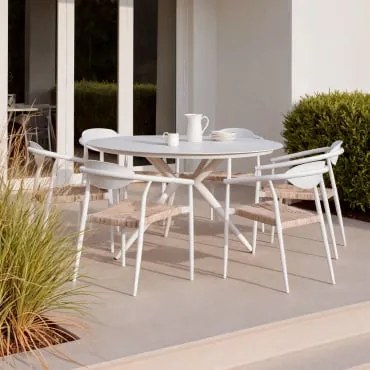 Zestaw Stołu Aluminiowego Valerie Round (ø125 Cm) I 6 Krzeseł Ogrodowych Z Podłokietnikami Z Aluminium I Syntetycznego Rattanu M Gardenia Biel - Sklum