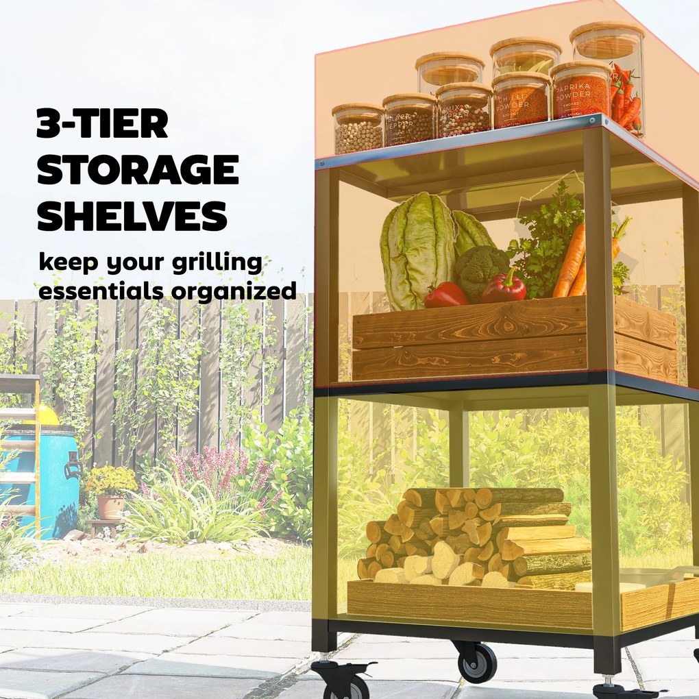 Outsunny Wózek grillowy 3-poziomy stół do grilla ze stalowym blatem mobilny wózek serwisowy 50 x 50 x 90 cm Czarny | Aosom PL