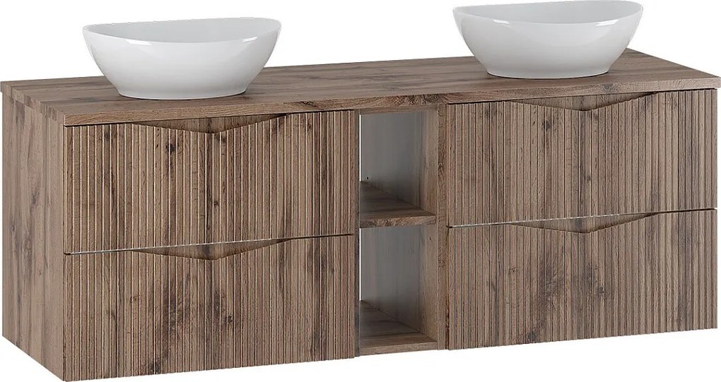 Zestaw do Łazienki 140cm Szafka Regał Blat Umywalka Ryflowane Fronty Dąb Wotan Cleo