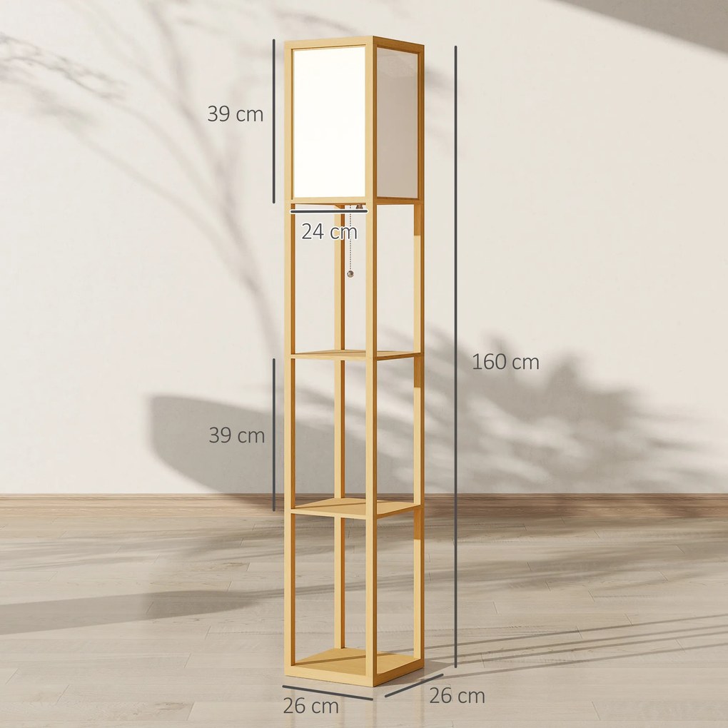 HOMCOM Lampa stojąca z 3 półkami, lampa podłogowa z oprawką E27, 26 x 26 x 160 cm, do salonu/sypialni (bez żarówki) | Aosom PL