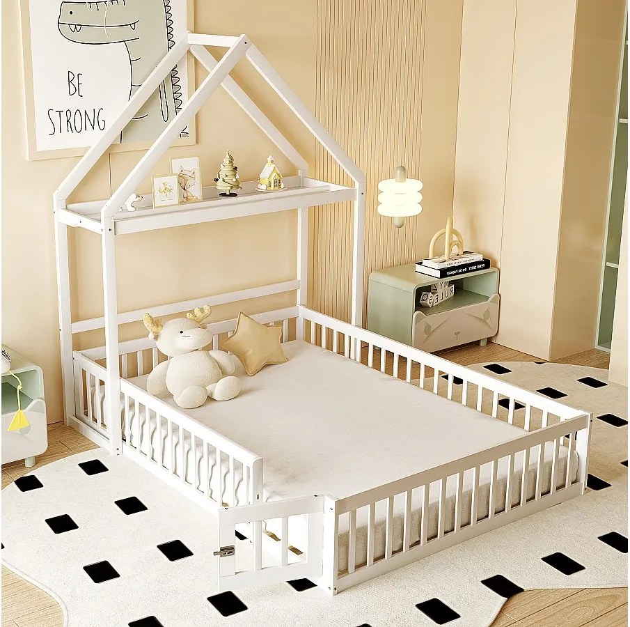Łóżko 140x200 cm - Łóżko dziecięce z drzwiami bezpieczeństwa i drewnianym stelażem - białe - bez materaca