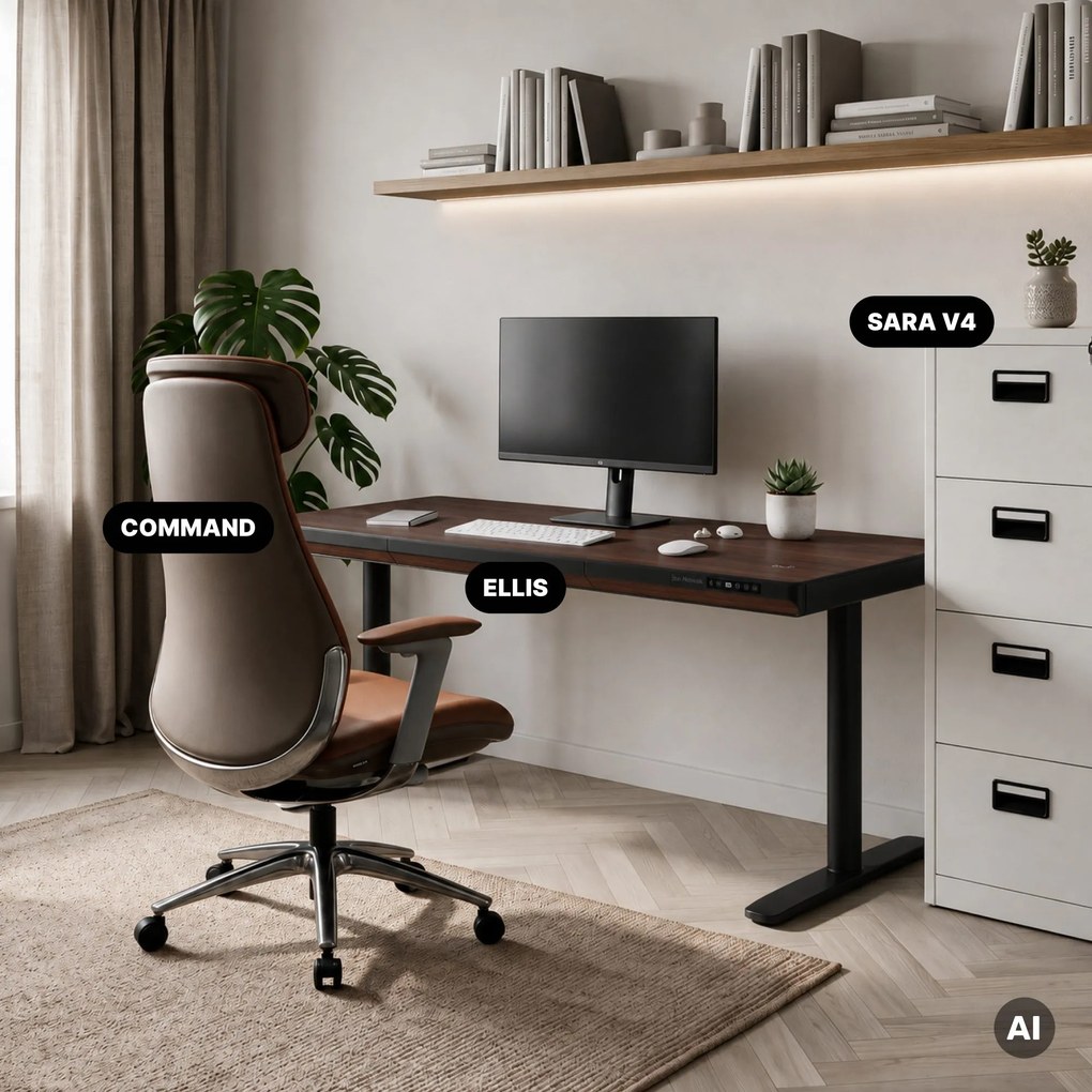 Biurko elektryczne sit-stand z szufladą i ładowarką bezprzewodową Qi czarne/orzech, 1600 mm: ELLIS
