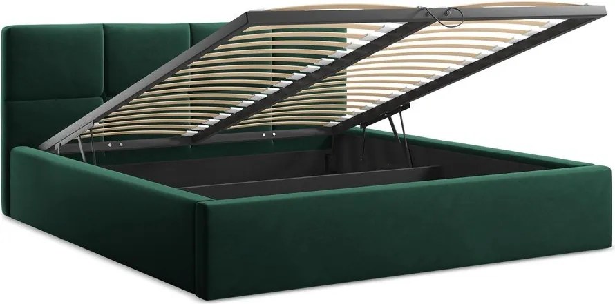Ciemnozielone aksamitne tapicerowane łóżko dwuosobowe ze schowkiem ze stelażem 140x200 cm Hiko – Makamii