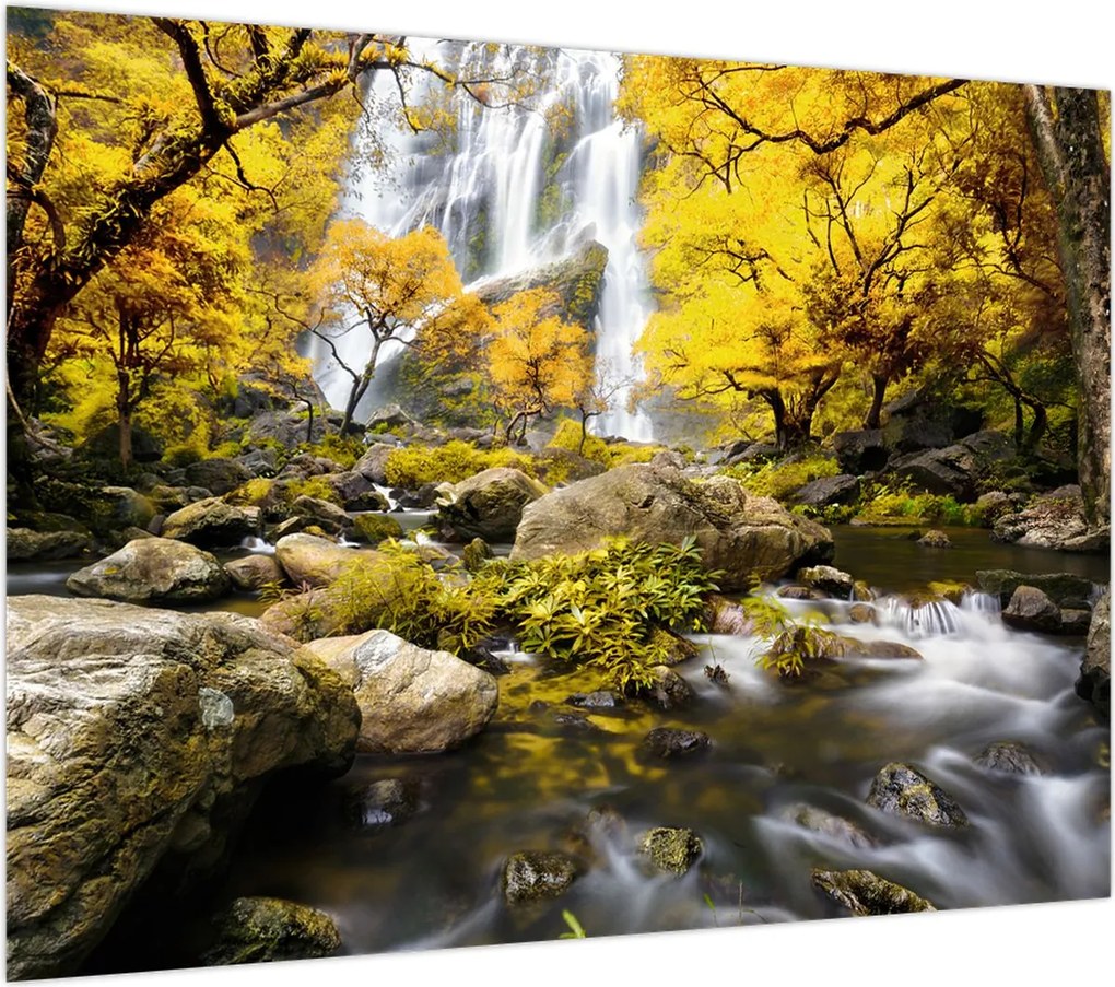 Obraz na szkle - Wodospady w jesiennym krajobrazie, żółty (70x50 cm)
