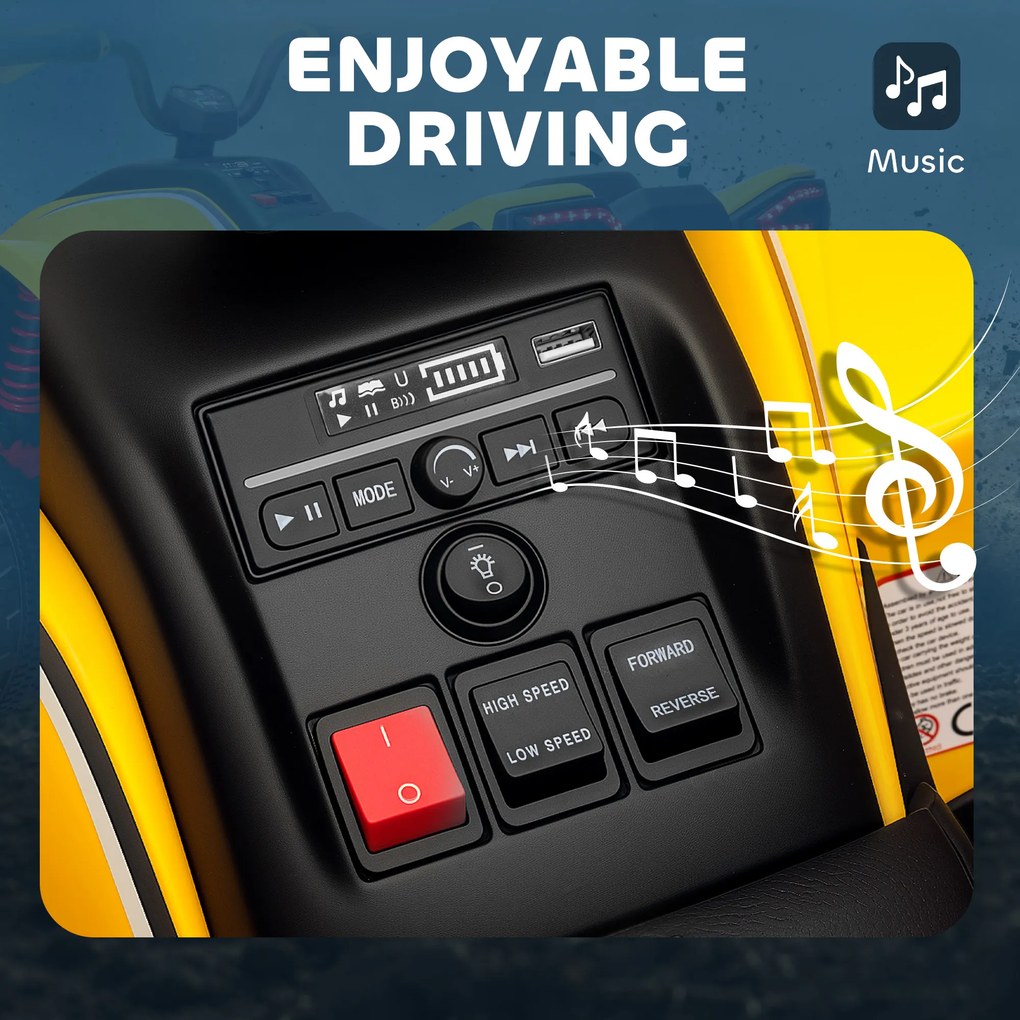 AIYAPLAY Dziecięcy Elektryczny Quad, 3-6 km/h, Reflektory LED, Muzyka, USB, dla Dzieci 3-8 Lat, Żółty