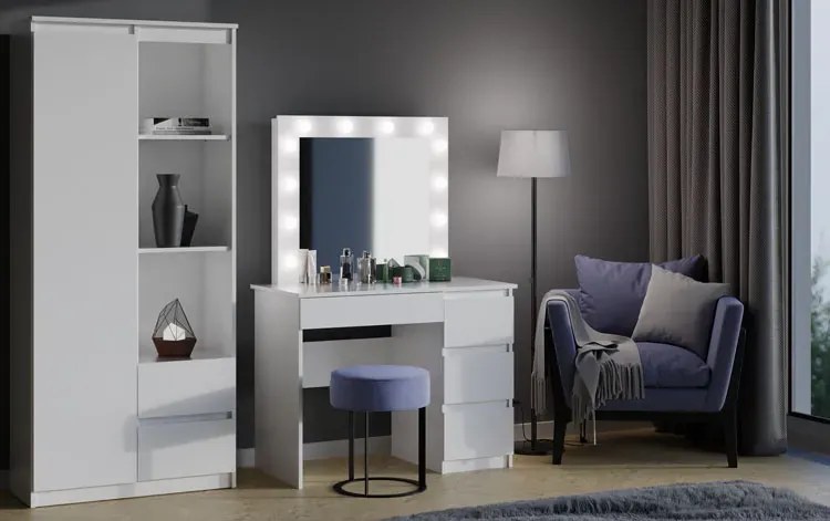 Biała skandynawska toaletka z lustrem scenicznym M2-H83