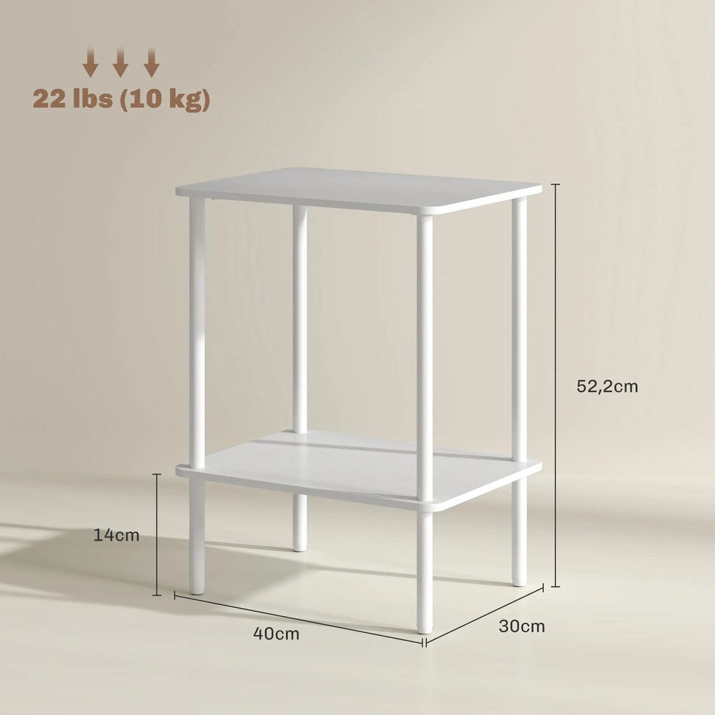 HOMCOM Nowoczesny Stolik Boczny 2-poziomowy z Przestrzenią do Przechowywania i Metalową Ramą do Salonu, Sypialni, Biały
