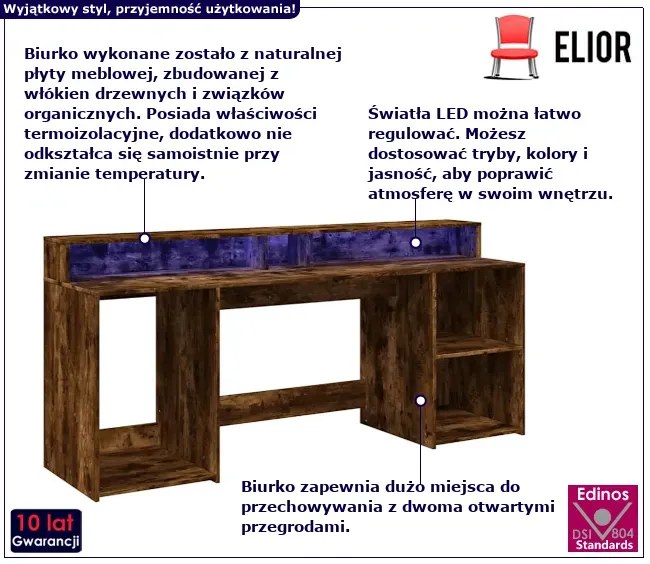 Podświetlane biurko 200 cm przydymiony dąb - Modus