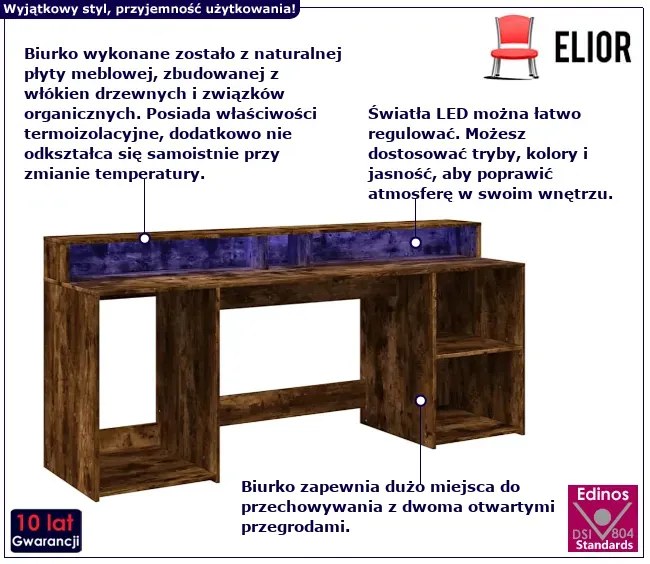 Podświetlane biurko 200 cm przydymiony dąb S1-N94