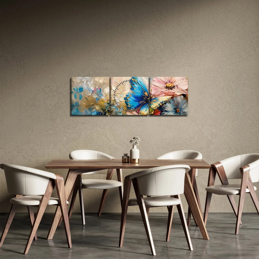 Obraz - Malowanie kwiatów i motyli (z zegarem) (90x30 cm)