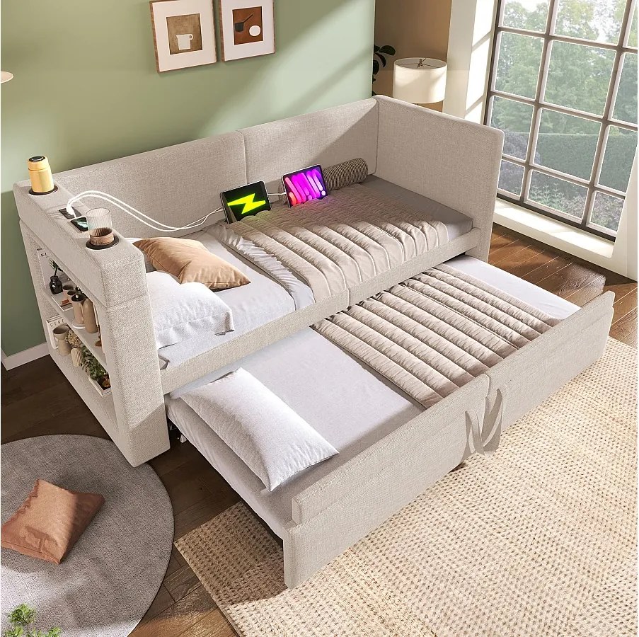Leżanka 90x200 cm, beżowy len, łóżko wysuwane z ładowaniem USB, uchwytem na kubek i półką, bez materaca