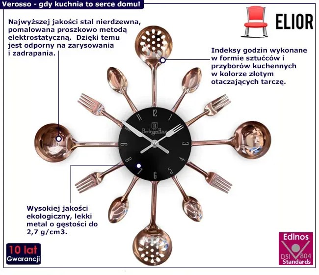 Złoty zegar z czarną tarczą i wskazówkami na kształt widelca i noża G7-E93