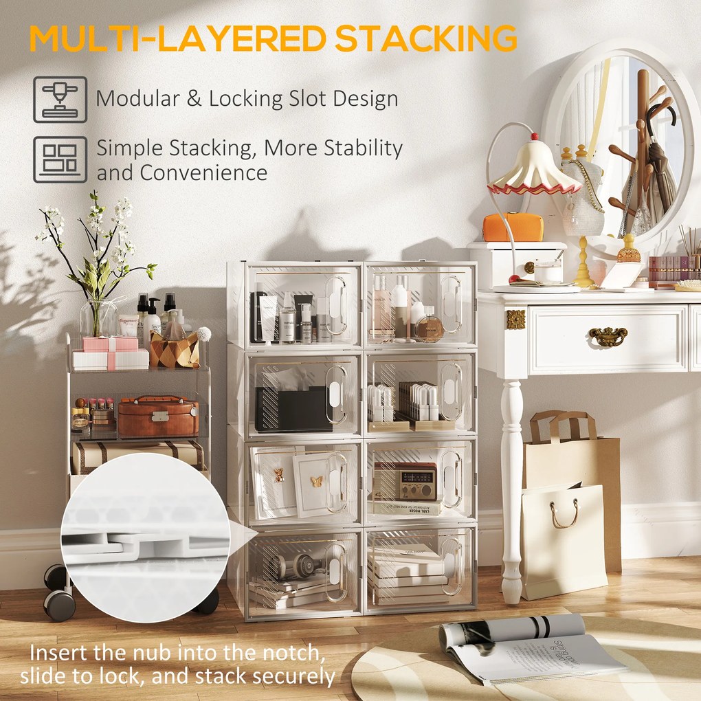 HOMCOM 8-częściowy regał na buty, stosowalne pudełka na buty do rozmiaru 46, drzwi magnetyczne, Plastik, 28 x 36 x 21 cm