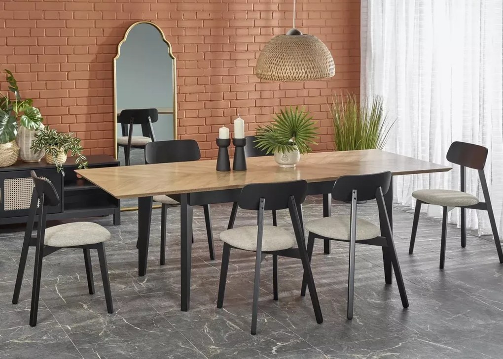 Stół rozkładany Tommy 160–240 cm dąb naturalny / czarny – MDF + drewno bukowe, styl skandynawski klasyczny