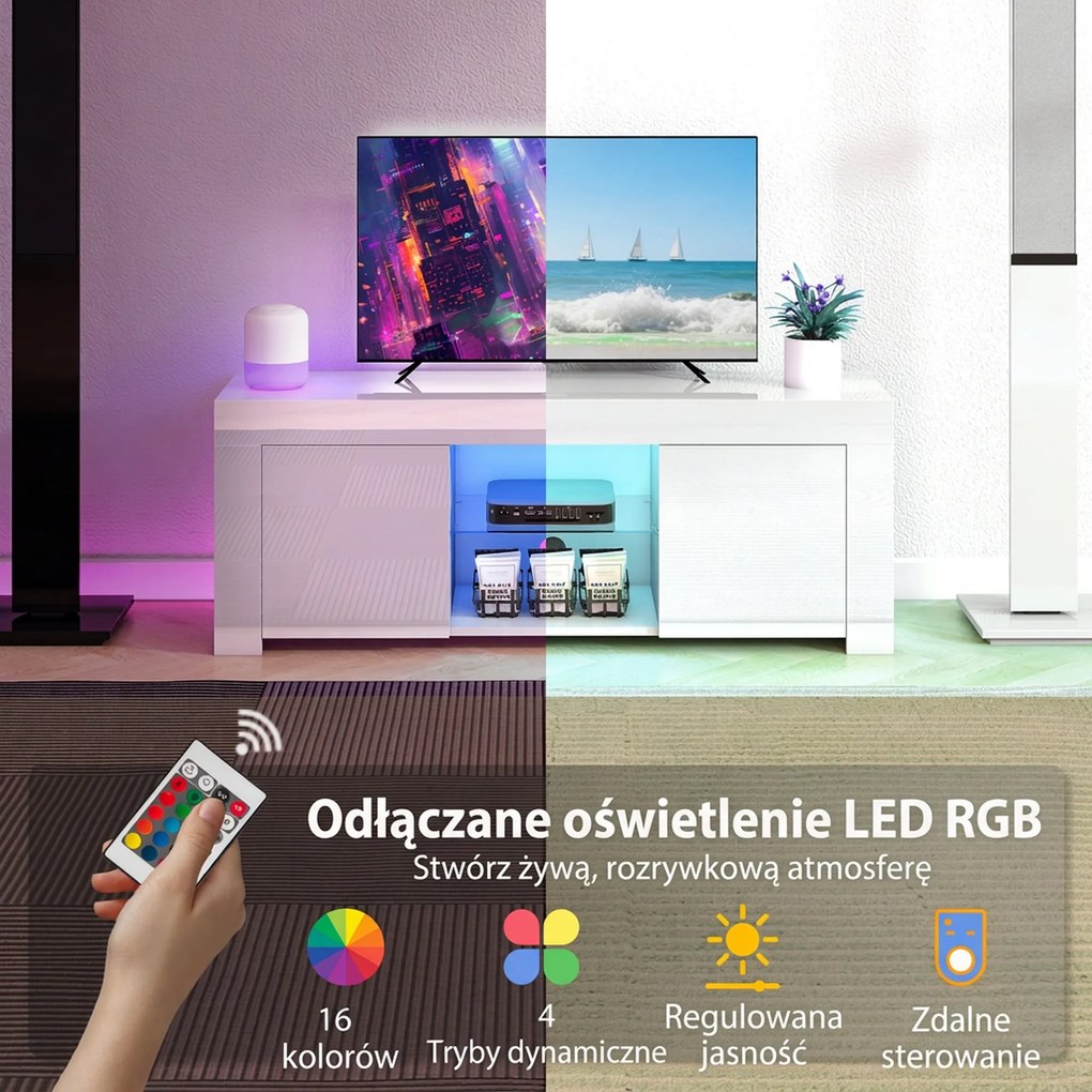 HOMCOM Stolik RTV z LED biała szafka pod telewizor do salonu z półką szklaną i otworami na kable | Aosom PL