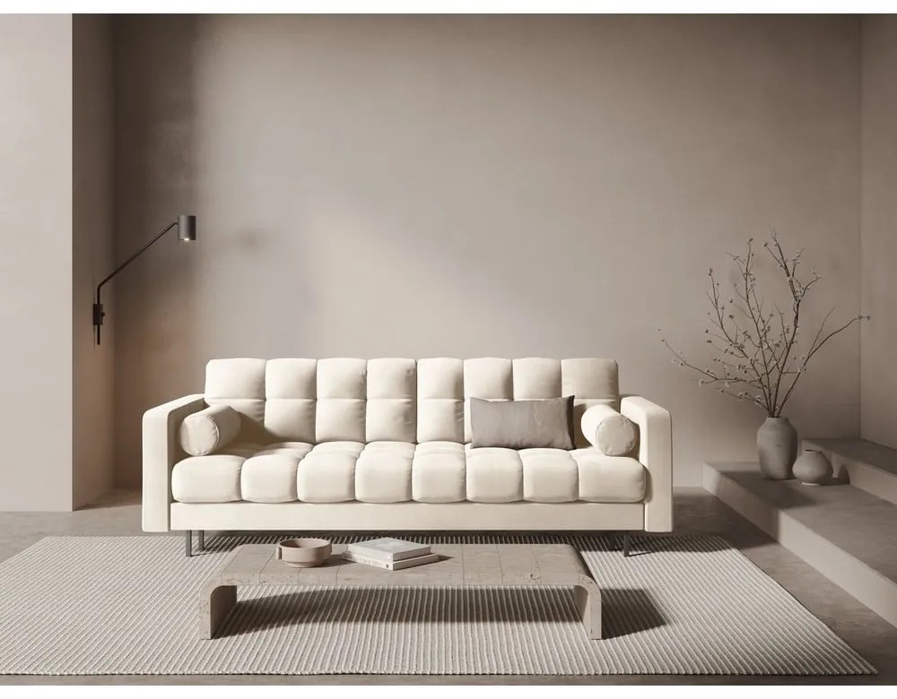 Kremowa aksamitna rozkładana sofa ze schowkiem 222 cm Bali – Cosmopolitan Design