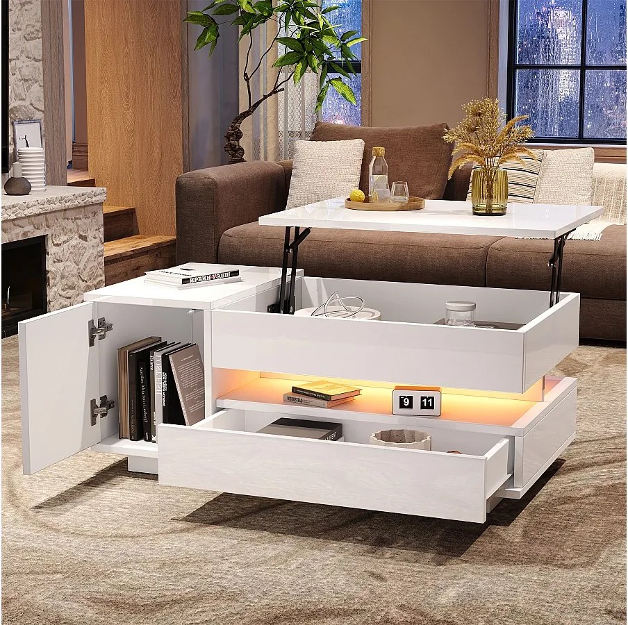 Stolik kawowy podnoszony - 95 x 50 x 34,5 cm - z 1 szufladą + 1 drzwiami + diodami LED - płyta wiórowa - biały