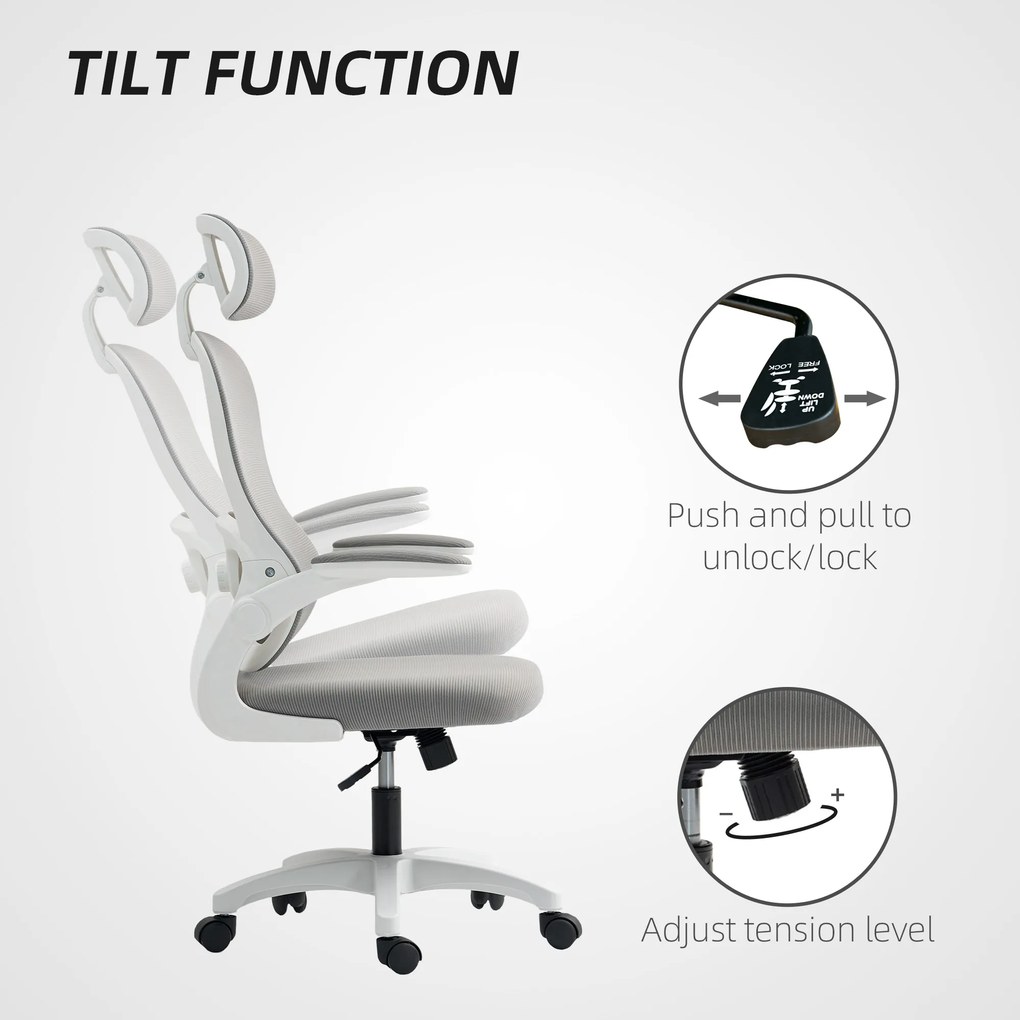 HOMCOM Ergonomiczny Fotel Biurkowy z Siatkowym Oparciem, Wysokość Regulowana, Składane Podłokietniki, 5 Kółek, Funkcja Bujania, Szary