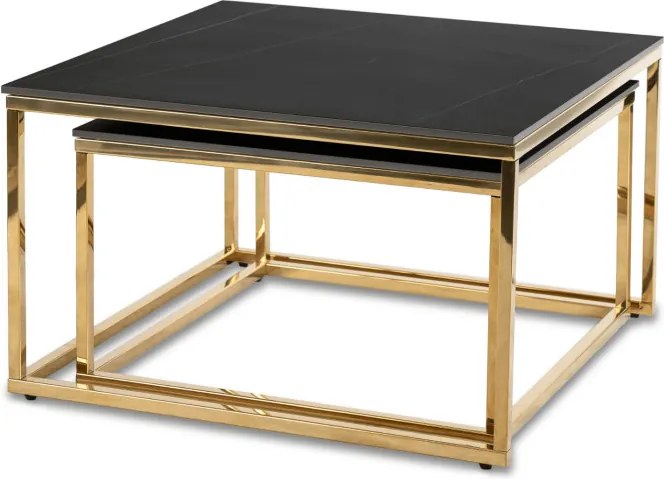 Zestaw Stolików Kawowych TENOR Czarny Marmur/Złoty do Salonu Glamour