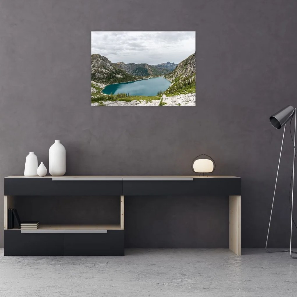 Obraz na szkle jeziora w górach (70x50 cm)