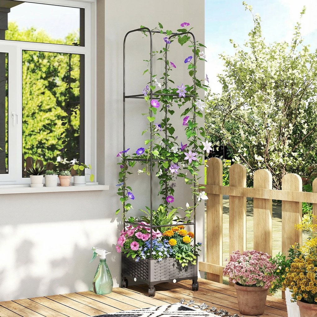 Outsunny Podwyższona grządka z kratką mobilna skrzynka na rośliny z rolką i otworem odpływowym, skrzynka 40 x 40 x 185 cm | Aosom PL