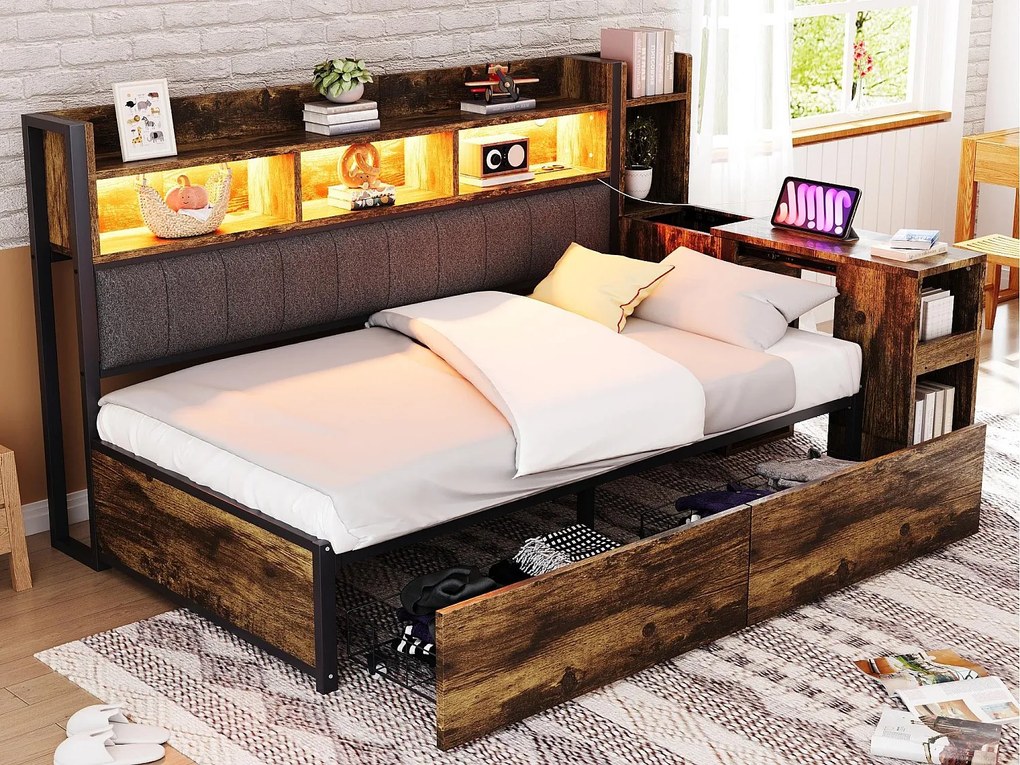 Sofa rozkładana 90x200 cm - z oświetleniem LED i gniazdkami - z 2 szufladami - z wysuwanym biurkiem - z komorami przechowawczymi - kolor naturalny