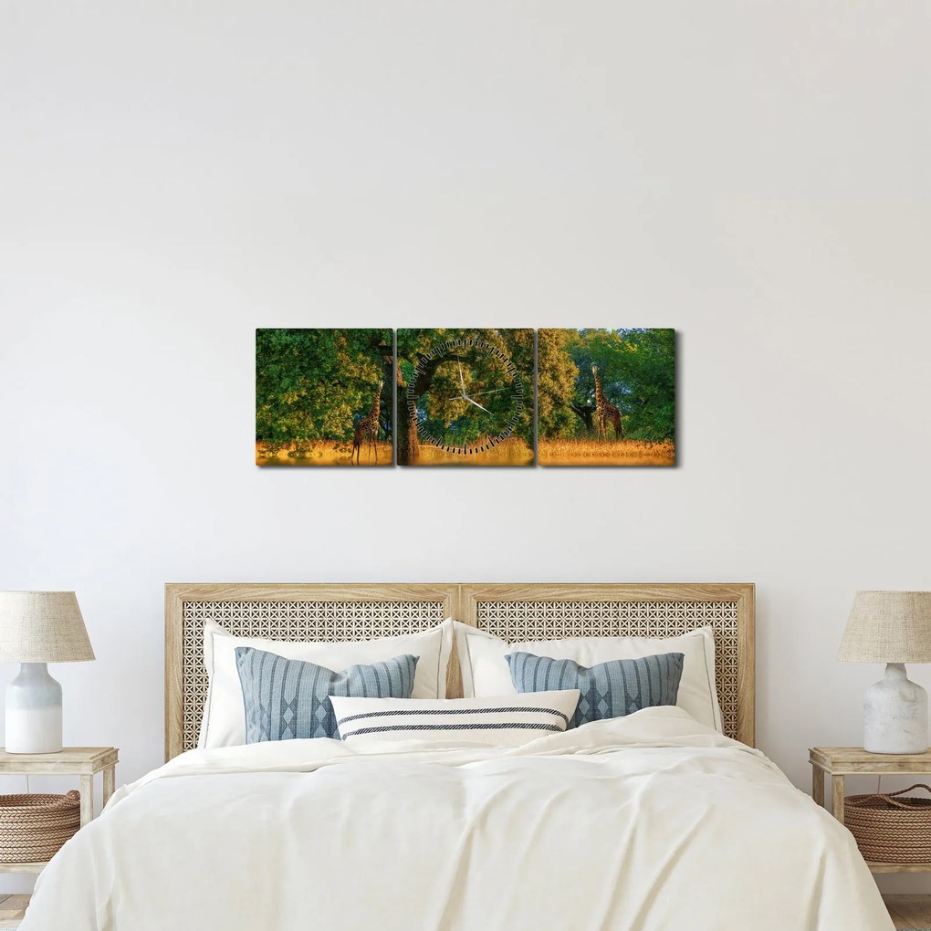 Obraz żyraf w naturze (z zegarem) (90x30 cm)