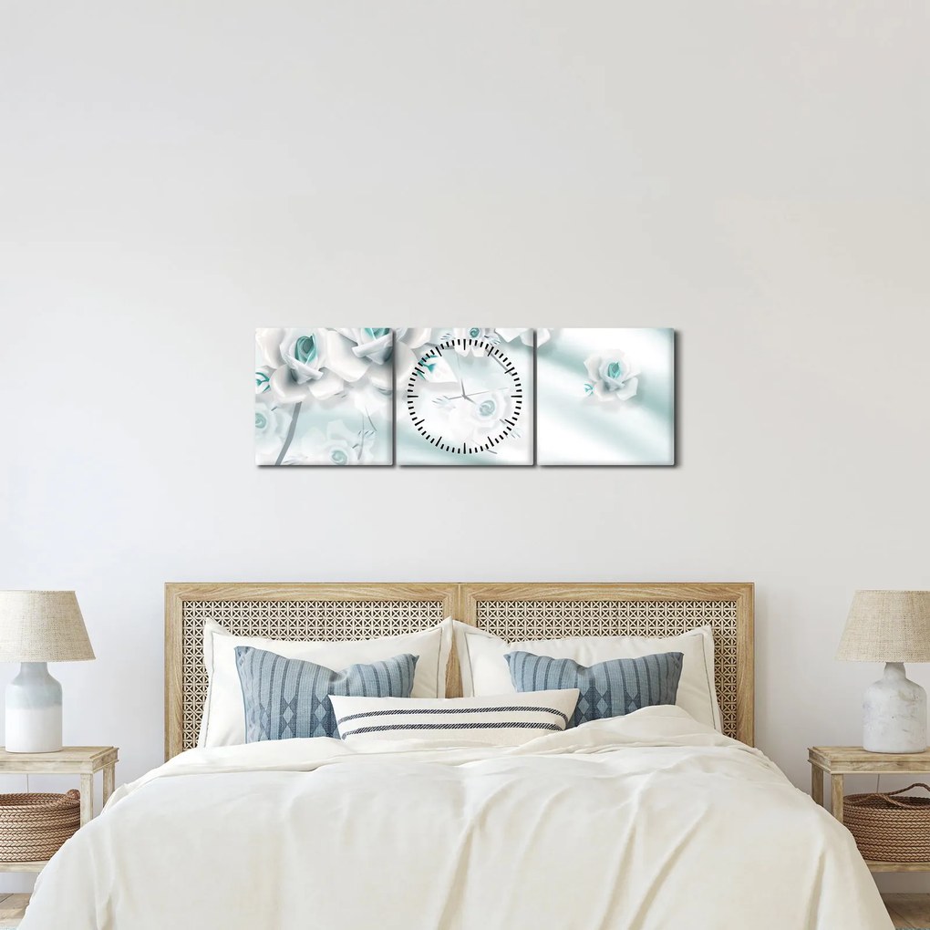 Obraz - Turkusowe kwiaty róży (z zegarem) (90x30 cm)
