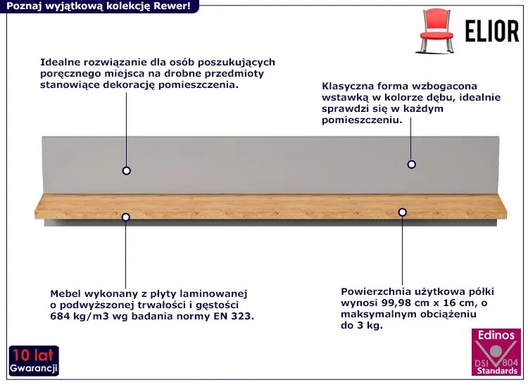 Klasyczna półka ścienna na książki szary + hikora - Avec 8X