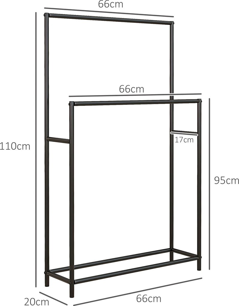 HOMCOM Stojak na ręczniki, wolnostojący, 2 drążki, odporny na rdzę, 66x20x110cm, Czarny
