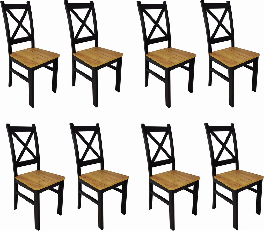 8x Krzesło drewniane Krzyżak czarny dąb craft LOFT czarne nogi