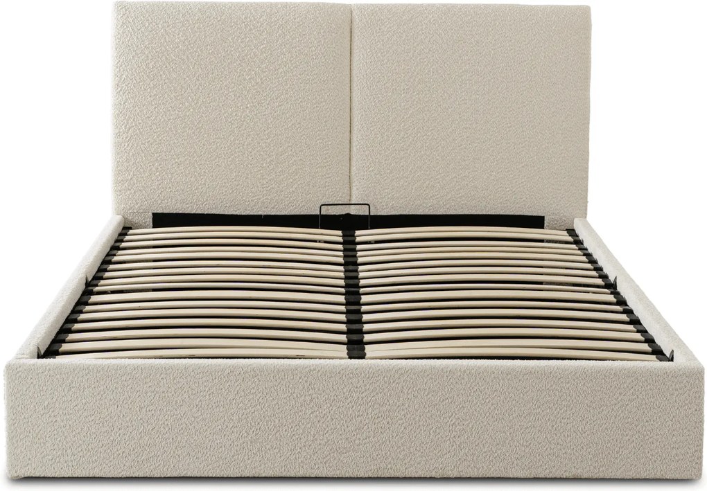 Łóżko Tapicerowane 140x200 cm MARSYLIA ze Stelażem i Pojemnikiem Dwuosobowe Boucle Kremowe