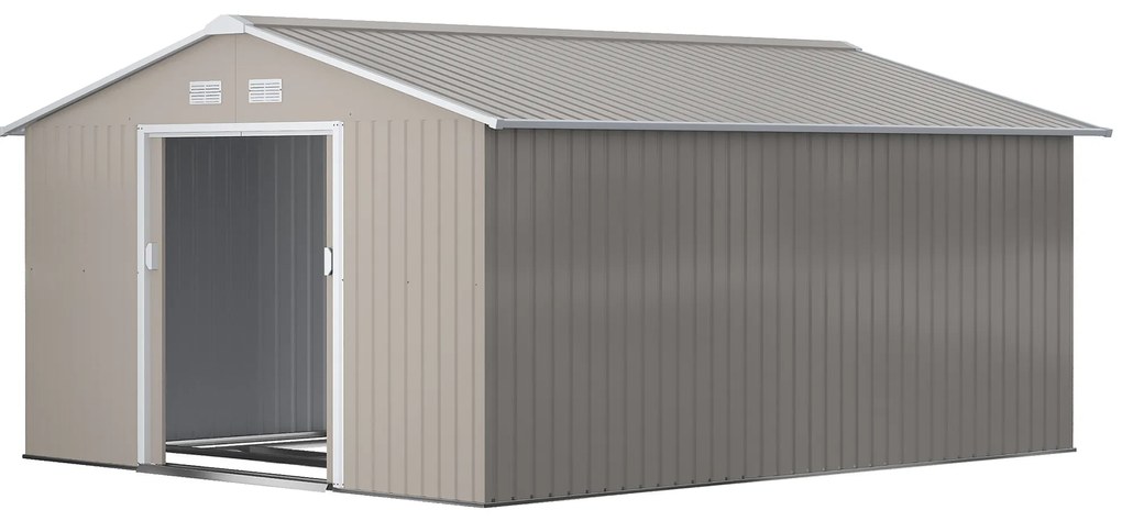 Outsunny Szopa Ogrodowa, Odporna na Warunki Pogodowe Domek na Narzędzia Ogrodowe z Oknami Wentylacyjnymi, Drzwi Przesuwne, Stal, Jasnoszary