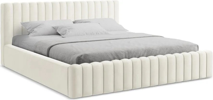 Kremowe tapicerowane łóżko dwuosobowe ze schowkiem i stelażem 160x200 cm Lemi – Makamii