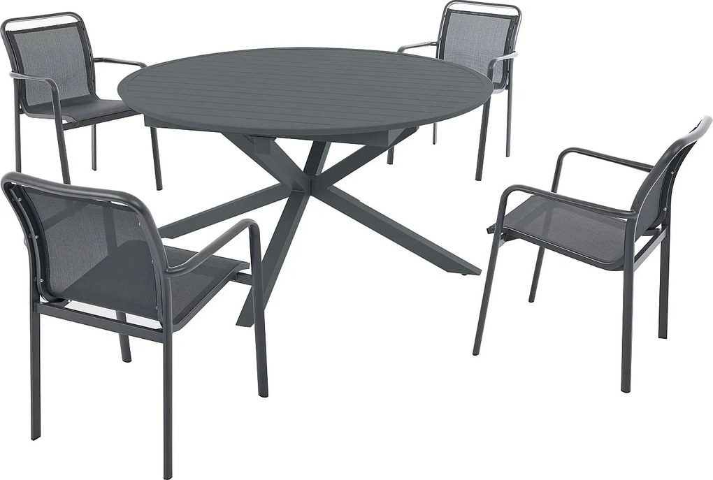 Zestaw mebli ogrodowych z aluminium : okrągły rozkładany stół 150/200 cm i 4 sztaplowane fotele - Antracyt - VELYRA marki MYLIA