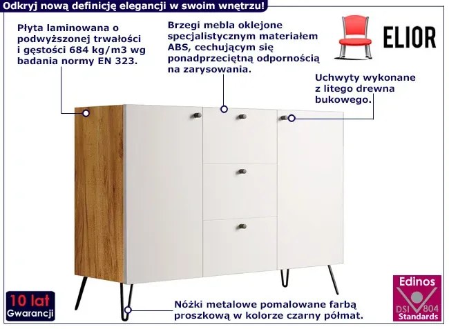 Komoda na metalowych nogach w stylu loft dąb craft + biały - Larkso 3X