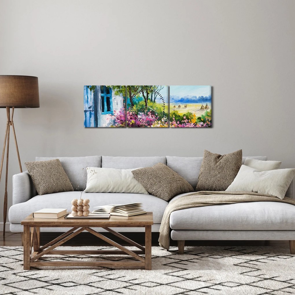 Obraz ogrodu przed domem, obraz olejny (z zegarem) (90x30 cm)